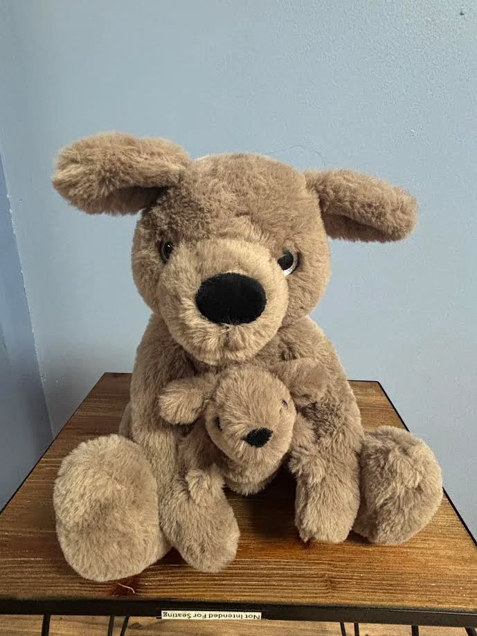A heartbeat plush and its smaller companion waiting on a table in the studio.